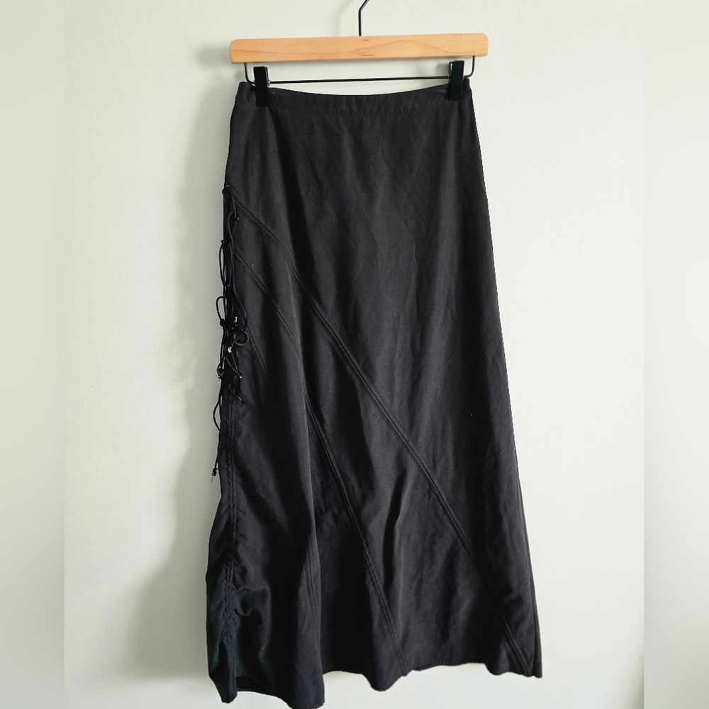 Vintage Illig Black Maxi Skirt Ruched Fringe Detail Punk XS